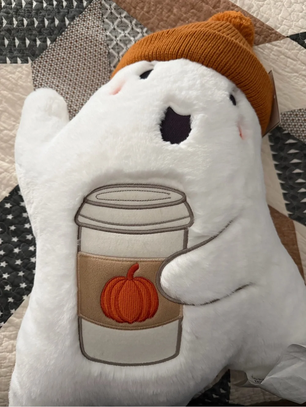 Martha Stewart White Ghost Pillow with Orange Knit Hat and Pumpkin Cup